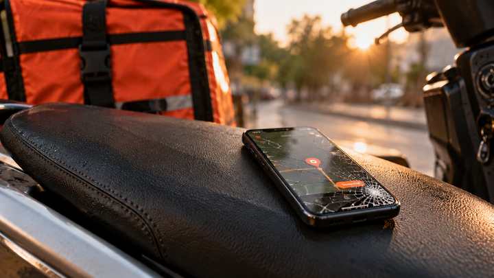 Phone with a cracked screen lying on a rain-wet scooter seat, showing the cost of a drop for delivery riders