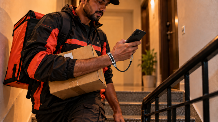 Courier checking a phone secured with a tethered bracelet so it cannot fall during delivery