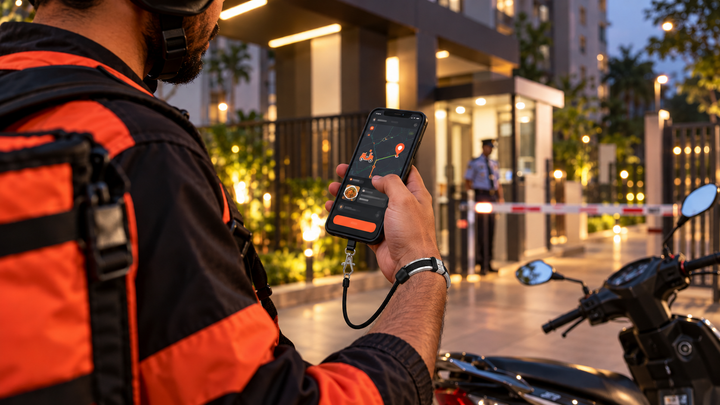 Delivery rider at a gated entrance at dusk holding a phone, where most delivery phone drops happen