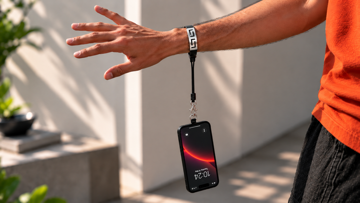 Phone bracelet worn on the wrist in sunlight, a unisex style for women and men