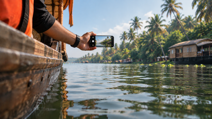 Hand holding a phone over the edge of a boat above open water, a common way phones are lost on trips