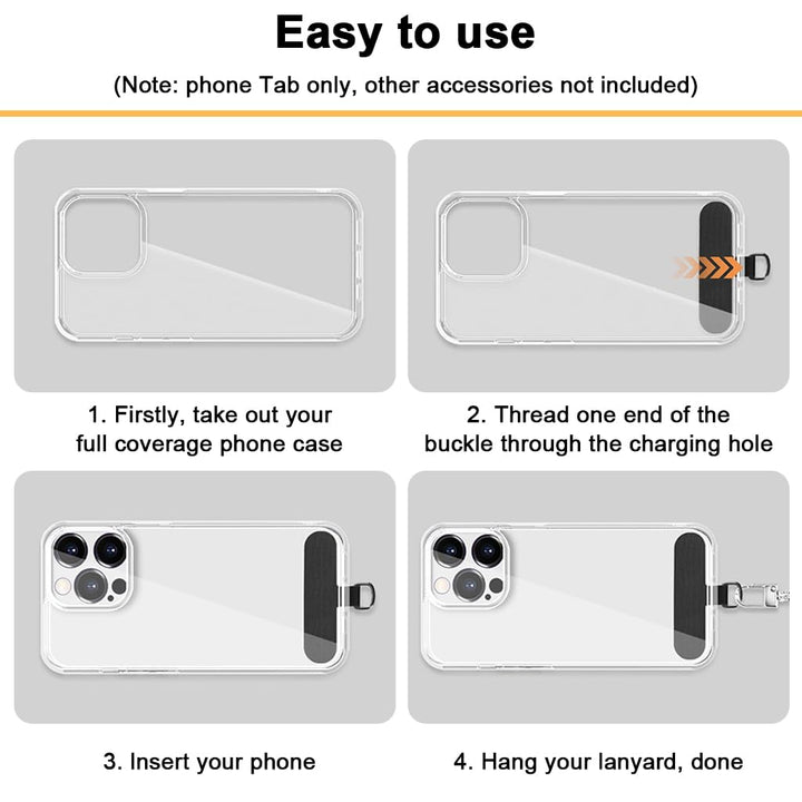 Four step diagram showing how to put on a phone bracelet with the tether tab at the charging port of a full coverage case