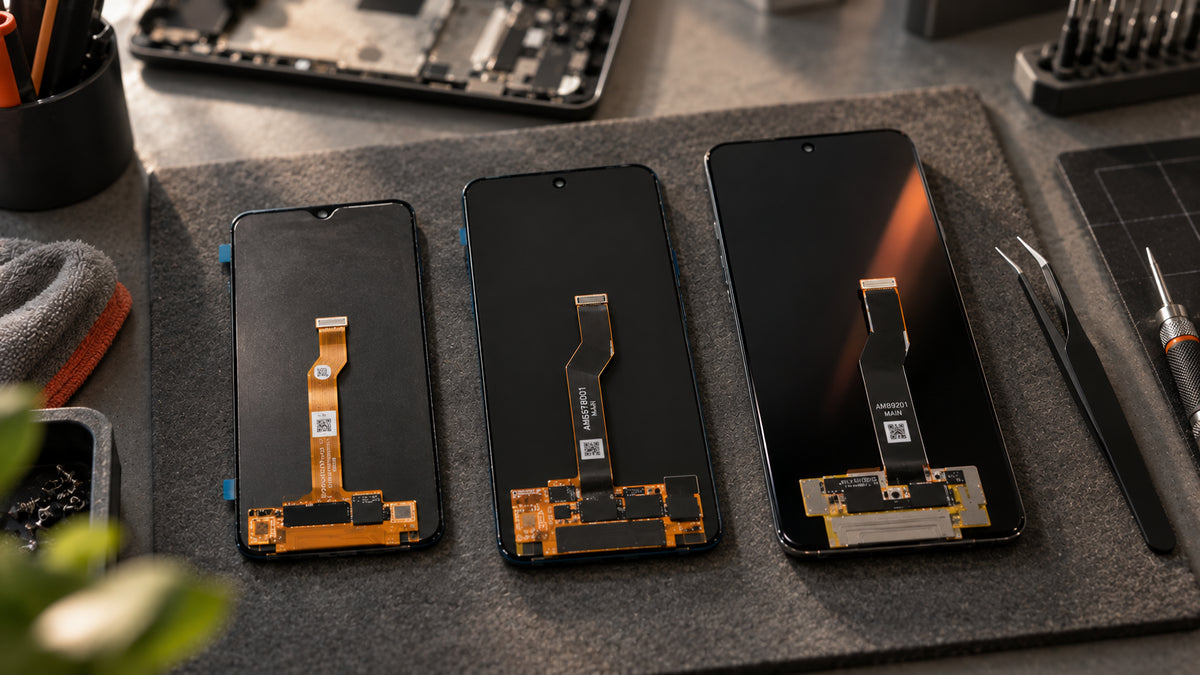 Entry LCD, mid-range AMOLED and flagship display assemblies laid out on a repair bench, showing how much the panels differ