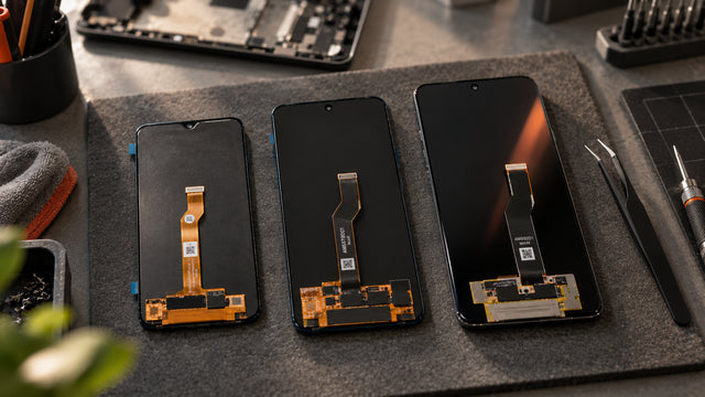 Entry LCD, mid-range AMOLED and flagship display assemblies laid out on a repair bench, showing how much the panels differ