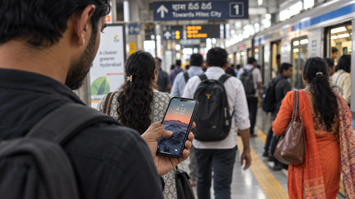 Person holding a phone in one hand on a busy Indian street, the crowd blurred behind them