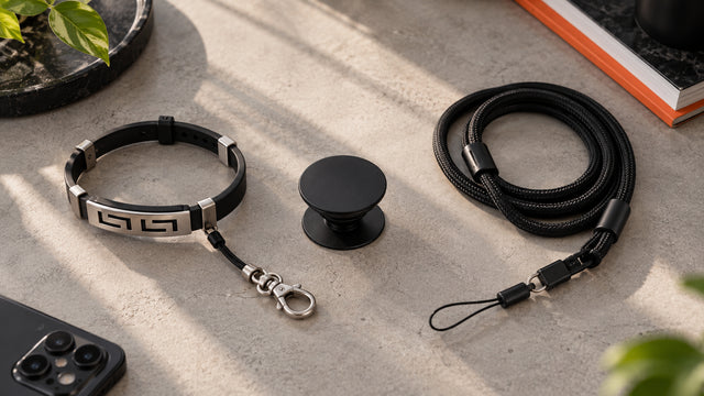 Bracelet phone holder, PopSocket-style grip and phone lanyard shown side by side for comparison