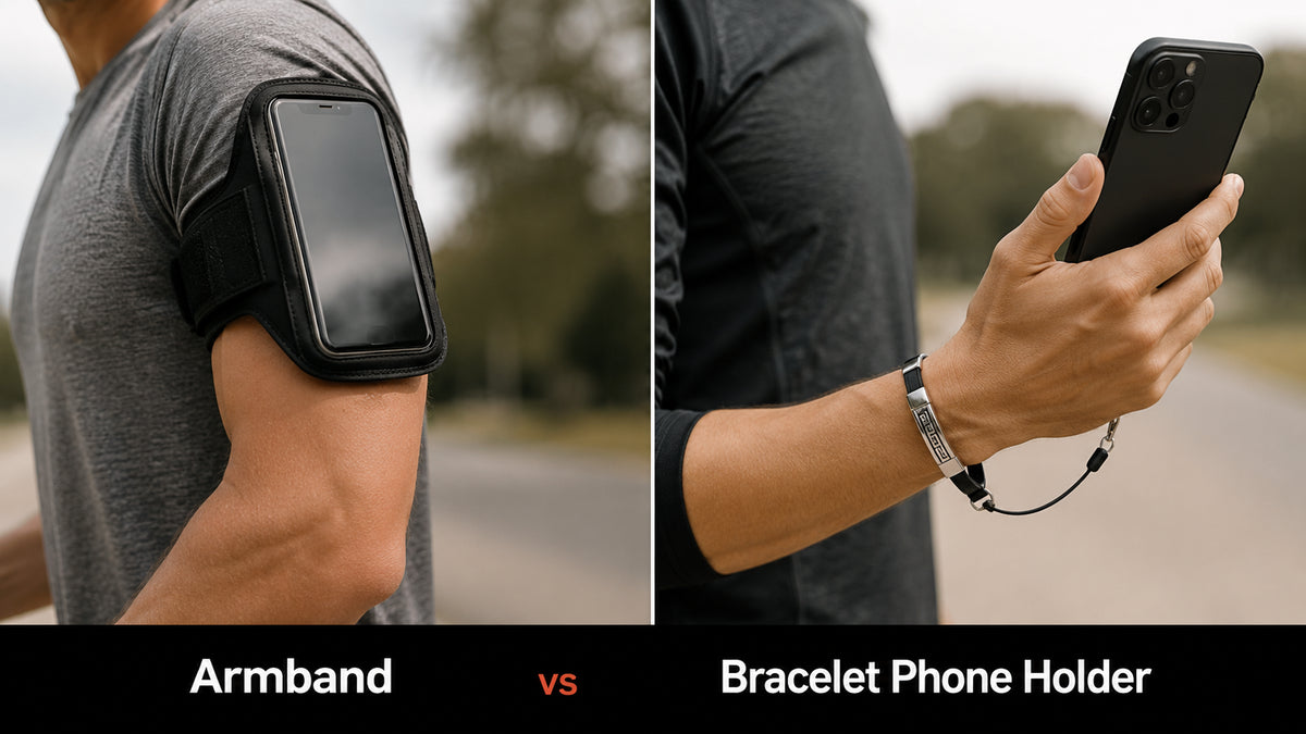 Bracelet phone holder on the wrist next to a running armband on the upper arm, compared side by side