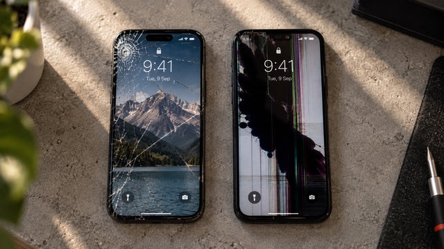 Two cracked phone screens compared side by side, one still showing a normal bright picture through the cracks and one with black ink-blot damage