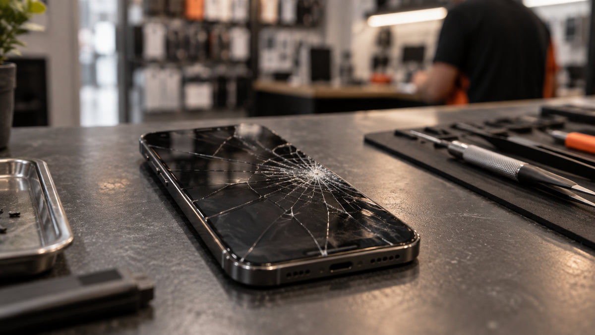 Phone with a badly cracked screen held in one hand, representing screen replacement cost in India