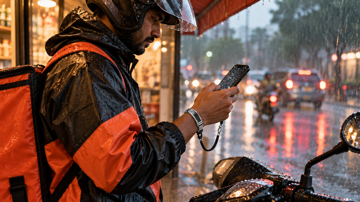 Delivery rider checking a phone in monsoon rain during a shift