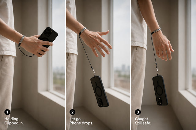 Phone caught dangling on a taut bracelet phone holder tether after being released from an open hand