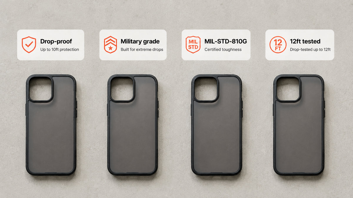 Rugged drop-proof phone case beside a slim drop-resistant case, compared side by side