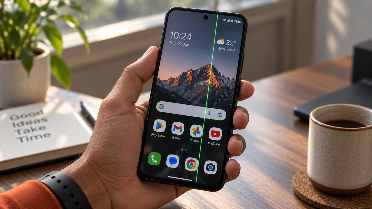 Phone held in one hand showing a single bright green vertical line down an otherwise normal AMOLED display