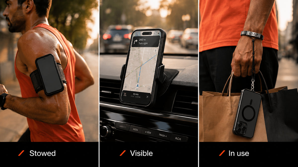 Phone held hands-free on a wrist tether while both hands are busy