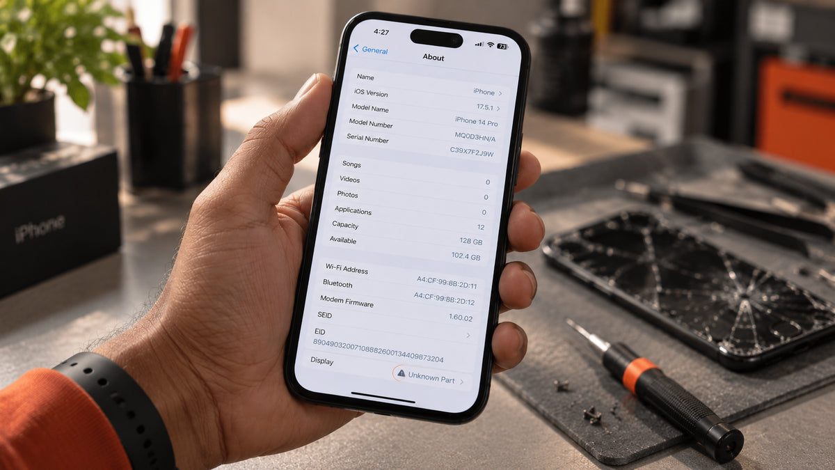 iPhone settings screen showing an Unknown Part warning against the Display row after a third-party screen replacement