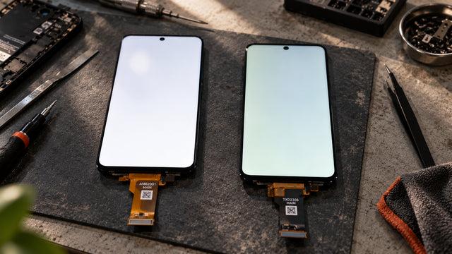 Two loose phone display assemblies powered on side by side on a repair bench, one visibly brighter and cleaner white than the other