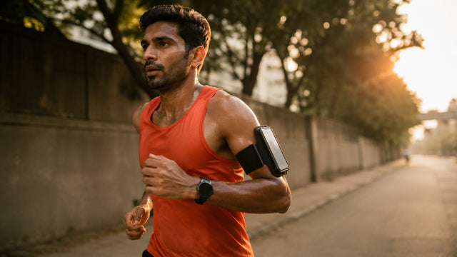 Runner wearing a phone armband on his upper arm on an Indian street at golden hour