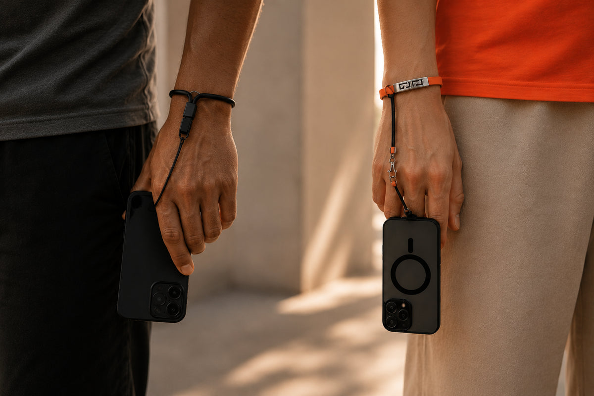 Phone case with an attached bracelet worn on the wrist