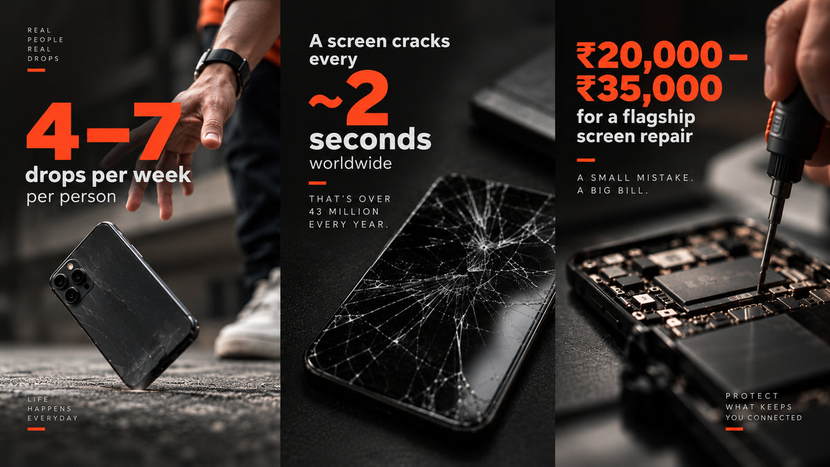 Smartphone slipping from an open hand towards the floor, illustrating how often everyday phone drops happen