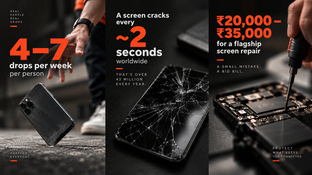 Smartphone slipping from an open hand towards the floor, illustrating how often everyday phone drops happen