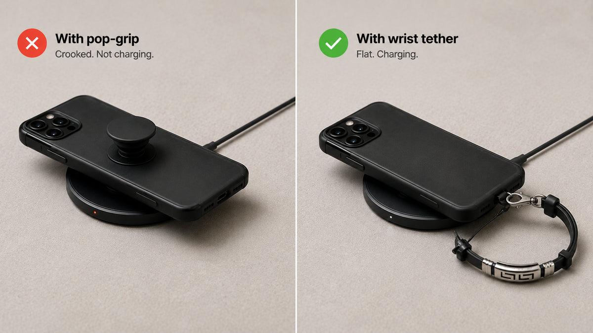 Phone resting on a wireless charging pad with a phone grip attached to the back