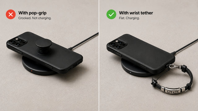 Phone resting on a wireless charging pad with a phone grip attached to the back