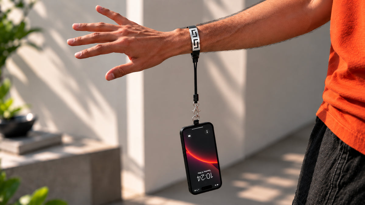 Phone hanging upside down from a wrist holder tether in sunlight, held securely on the wrist