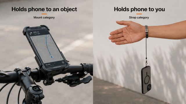 A phone holder with an integrated strap next to a strap-only attachment, shown together