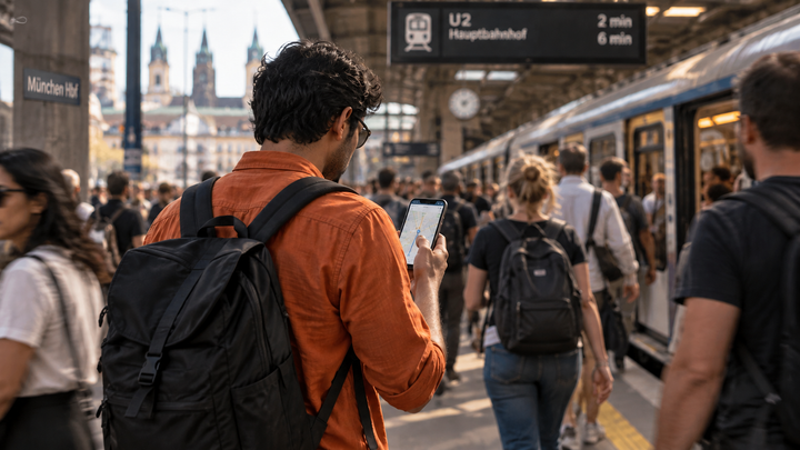Traveller checking a map on their phone while standing in a crowd on a European metro platform