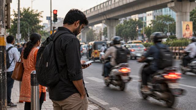 Person at an Indian traffic signal looking down at a phone held low, with two-wheelers passing close by