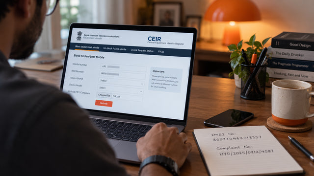 Laptop showing a government portal form being filled in, beside a handwritten note of an IMEI and complaint number