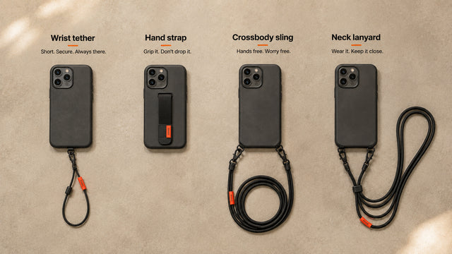 Wrist, hand and crossbody phone straps shown side by side for comparison