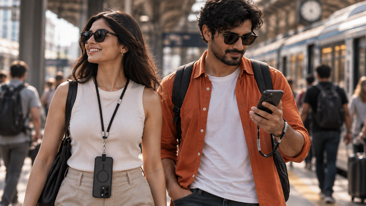 A crossbody phone lanyard hanging visibly on the chest next to a phone held in hand on a slim wrist tether