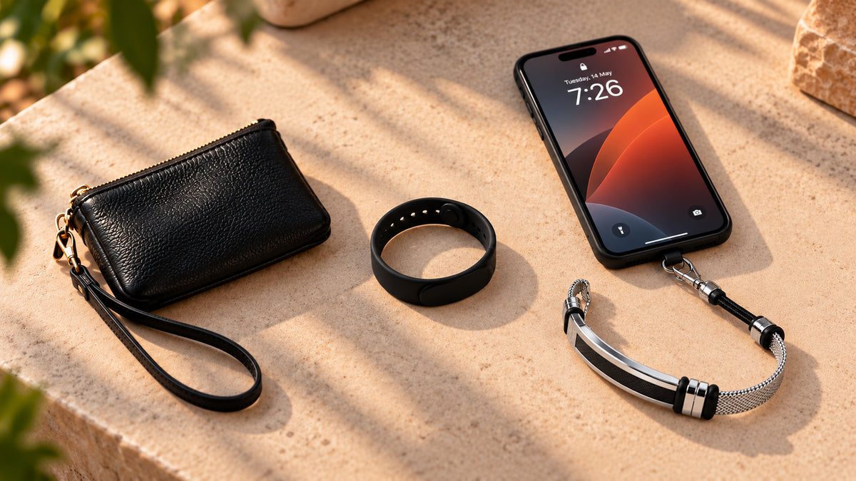 Phone with a wrist strap beside other tech essentials in golden light, illustrating wristlet vs wrist strap vs wristband