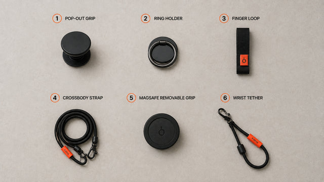 PopSockets-style collapsible phone grip attached to the back of a smartphone held in one hand