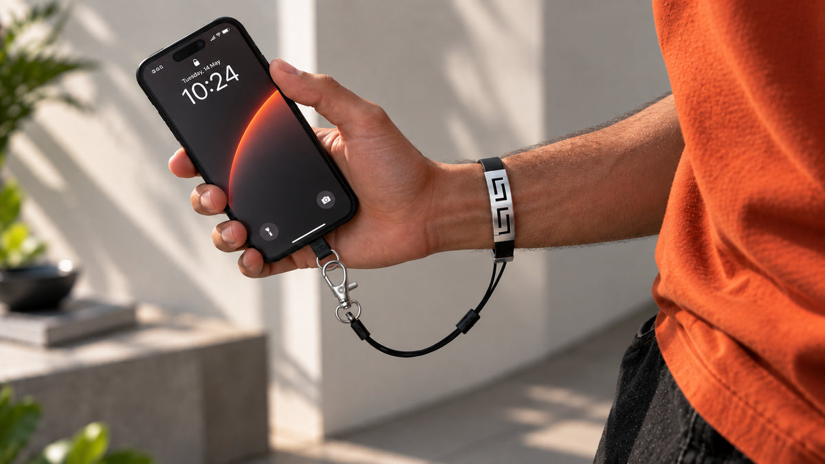 Bracelet phone holder worn on the wrist with its tether attached to a phone, showing how the band and tether work together