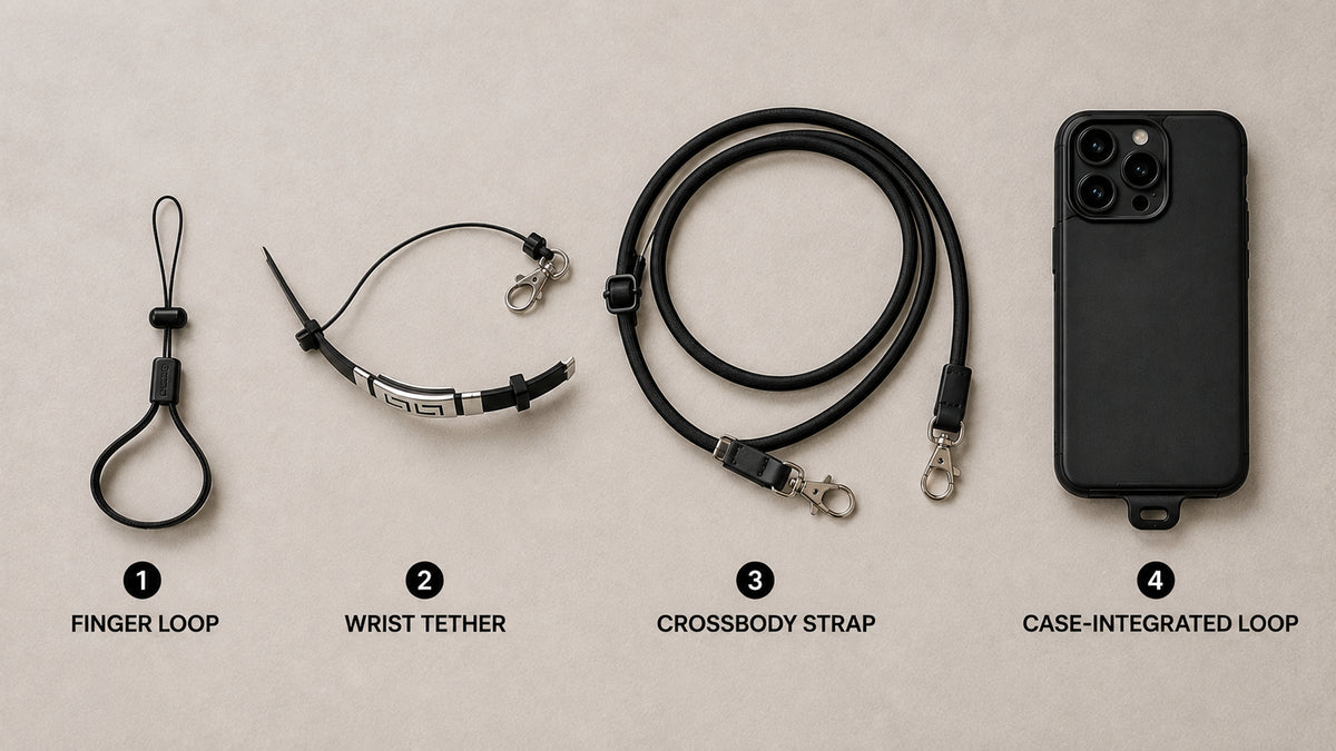 Different types of phone loop laid out - finger loop, wrist strap and bracelet phone holder