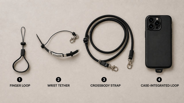 Different types of phone loop laid out - finger loop, wrist strap and bracelet phone holder