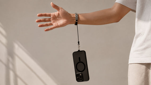 PHLOOP bracelet phone holder worn on the wrist with its tether clipped to a phone