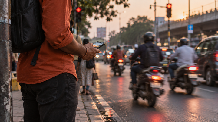 Indian traveller holding a phone while walking through a busy station concourse with luggage