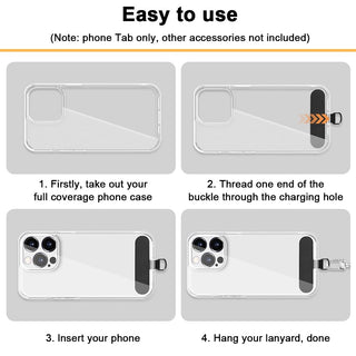 Four step diagram showing the tether tab threaded through the charging port opening of a full coverage phone case before the phone is inserted