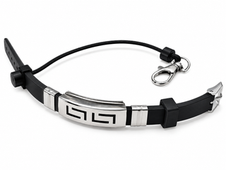 PHLOOP Active Silicone bracelet phone holder laid flat, black silicone band with a polished steel Greek key plate, elastic tether cord and swivel clasp