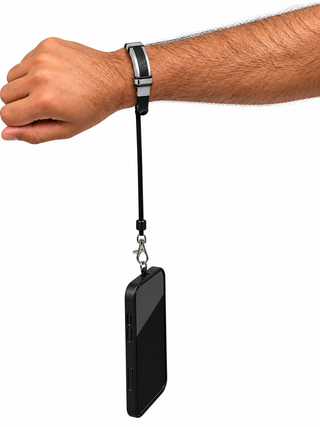 PHLOOP Elite Stainless Steel mobile bracelet worn on a wrist with a phone hanging safely from the tether cord below the hand