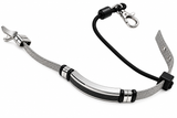 PHLOOP Elite Stainless Steel bracelet phone holder laid flat, woven steel mesh band with a polished plate, elastic tether cord and swivel clasp